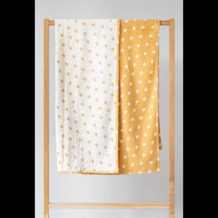 Žaismingas, geltonas-baltas žakardinis dvipusis rankšluostis PIED-DE-POULE 100x180