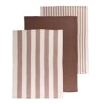 Rudos spalvos virtuvinių rankšluosčių rinkinys „Myrna“ iš 100 % medvilnės – trijų skirtingų raštų tekstūros.