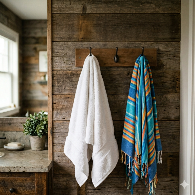 Paplūdimio ir vonios rankšluostis mediniame namelyje