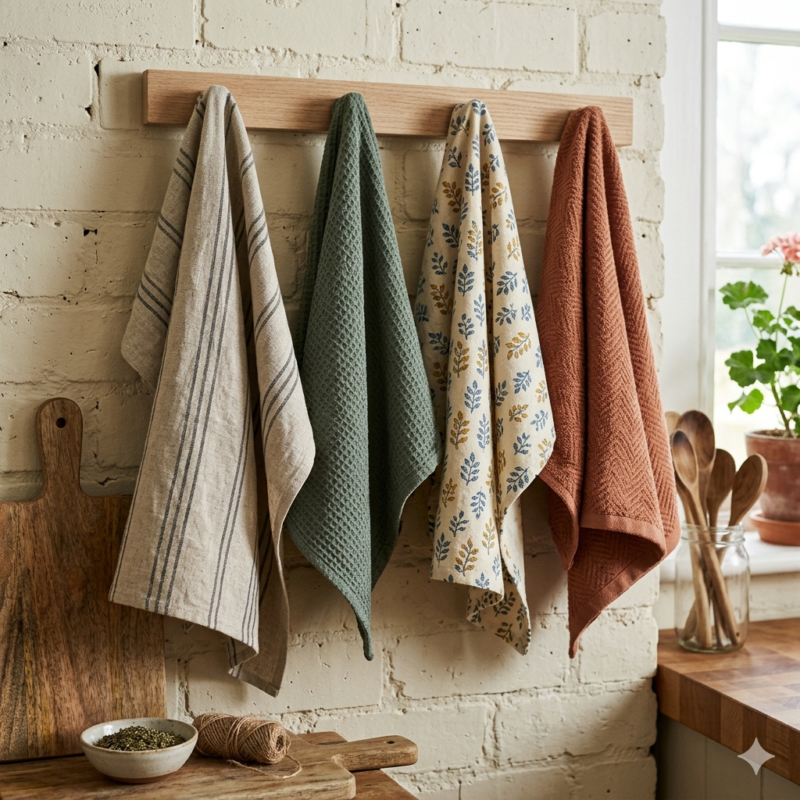 pakabinti skirtingų spalvų virtuviniai rankšluosčiai